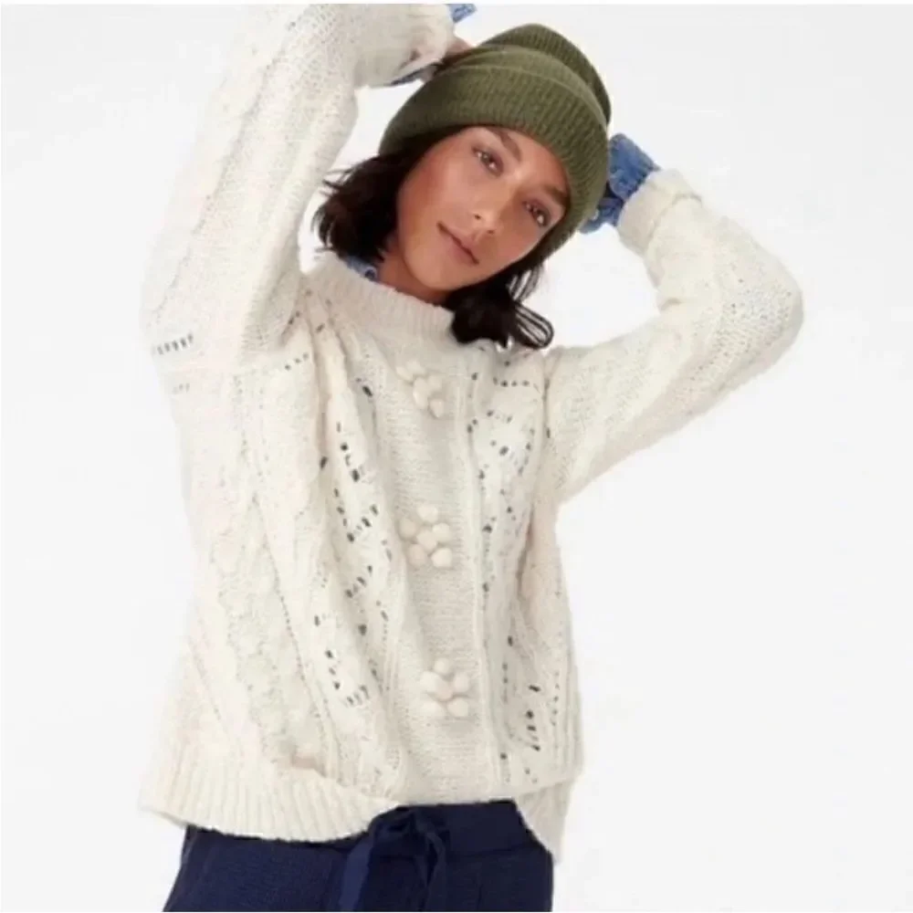 J. Crew Cable-knit pointelle sweater with popcorn flowers